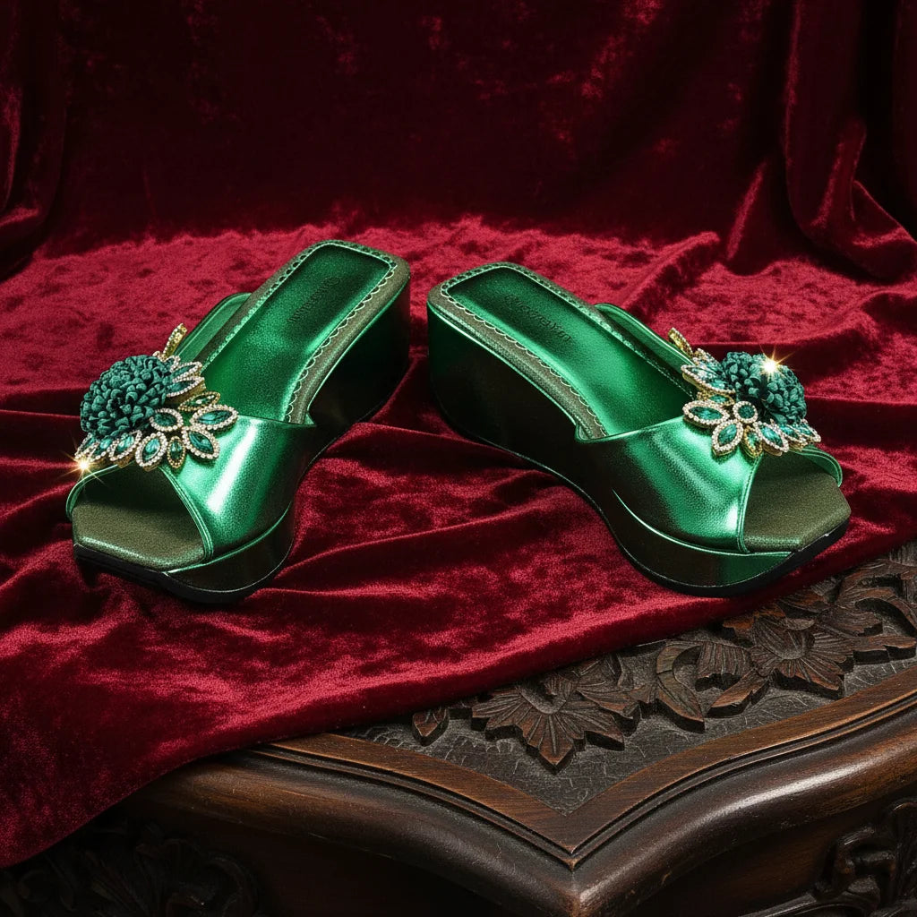 2026 Women's Elegant Green Wedge heel Shoe and Matching Bag Set with Rhinestone Accents – Stylish Square Toe Design for Parties