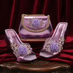 2026 Women's Elegant Green Wedge heel Shoe and Matching Bag Set with Rhinestone Accents – Stylish Square Toe Design for Parties