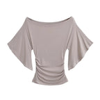 Korean style Women Summer Sexy Bat Sleeve Slash Neck Off Shoulder T-shirt Cinching Waist Solid Slim Top