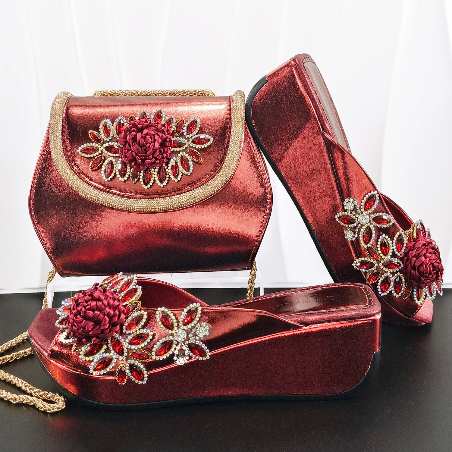 2026 Women's Elegant Green Wedge heel Shoe and Matching Bag Set with Rhinestone Accents – Stylish Square Toe Design for Parties