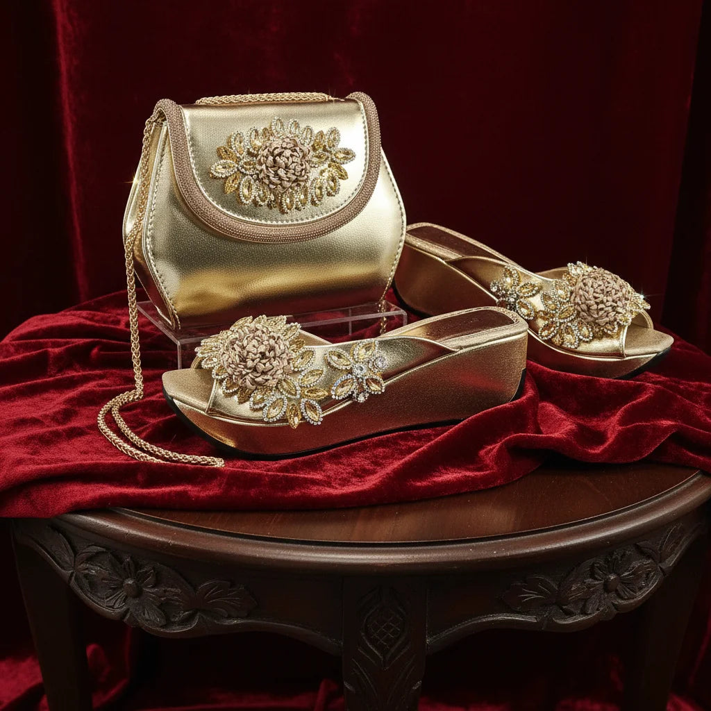 2026 Women's Elegant Green Wedge heel Shoe and Matching Bag Set with Rhinestone Accents – Stylish Square Toe Design for Parties