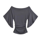 Korean style Women Summer Sexy Bat Sleeve Slash Neck Off Shoulder T-shirt Cinching Waist Solid Slim Top