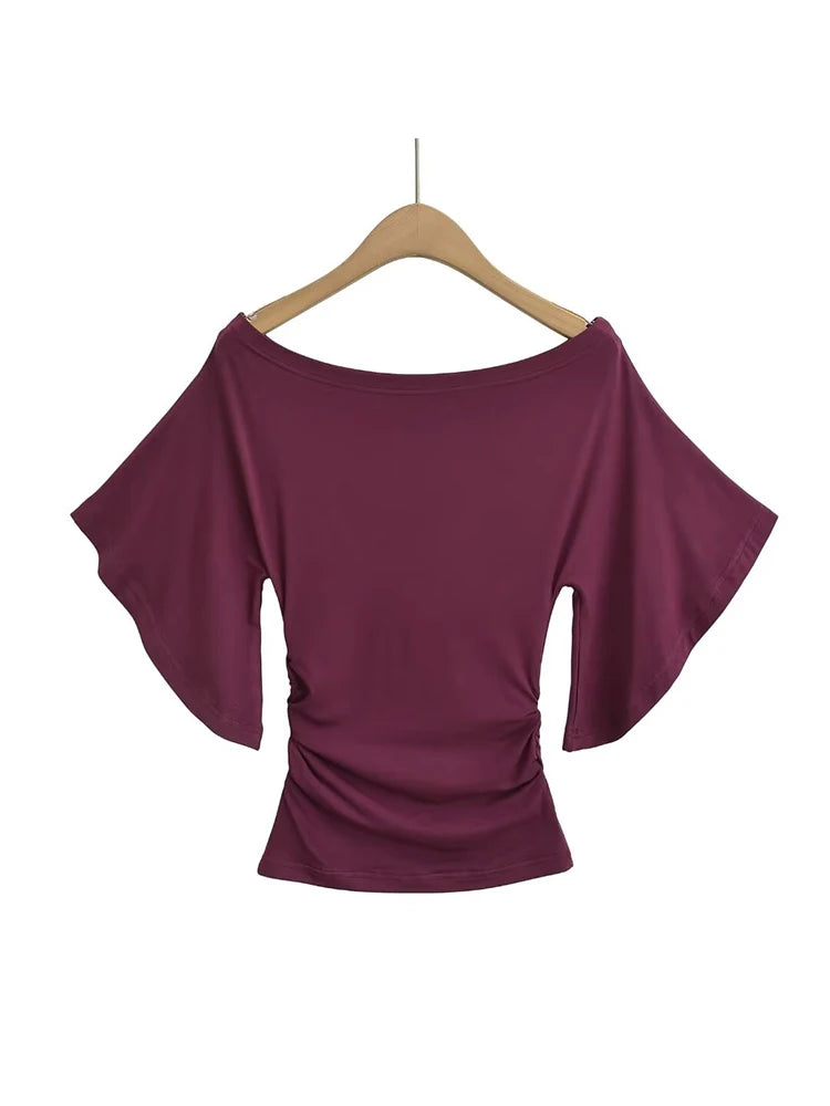 Korean style Women Summer Sexy Bat Sleeve Slash Neck Off Shoulder T-shirt Cinching Waist Solid Slim Top
