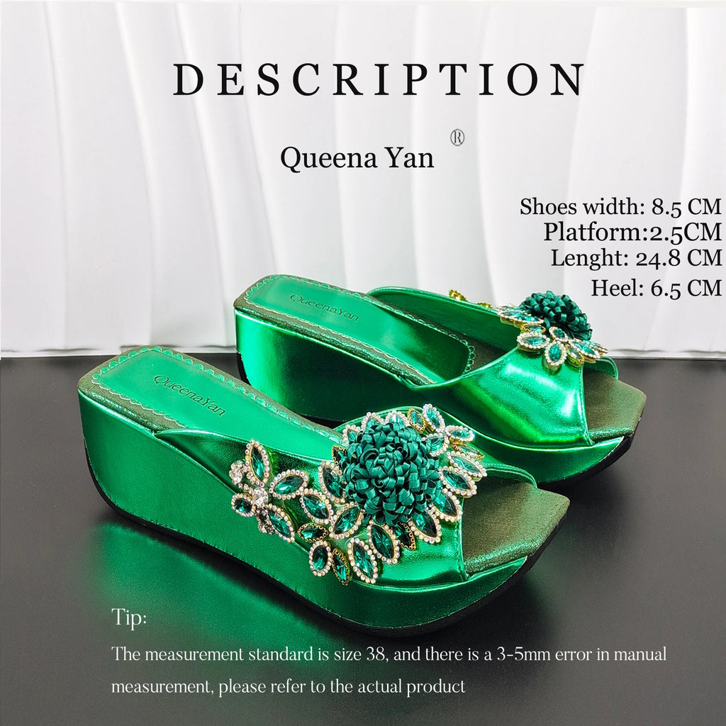 2026 Women's Elegant Green Wedge heel Shoe and Matching Bag Set with Rhinestone Accents – Stylish Square Toe Design for Parties