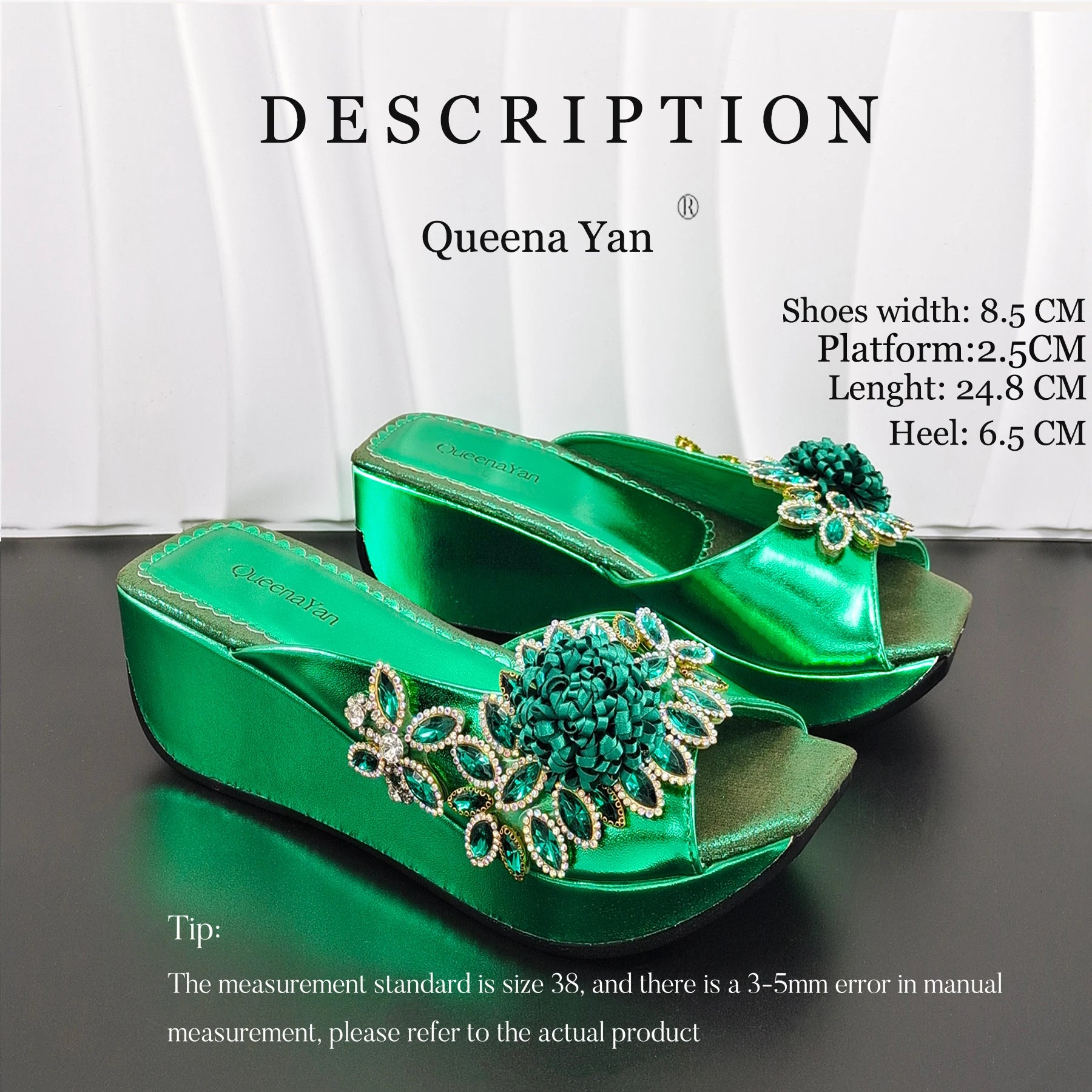 2026 Women's Elegant Green Wedge heel Shoe and Matching Bag Set with Rhinestone Accents – Stylish Square Toe Design for Parties