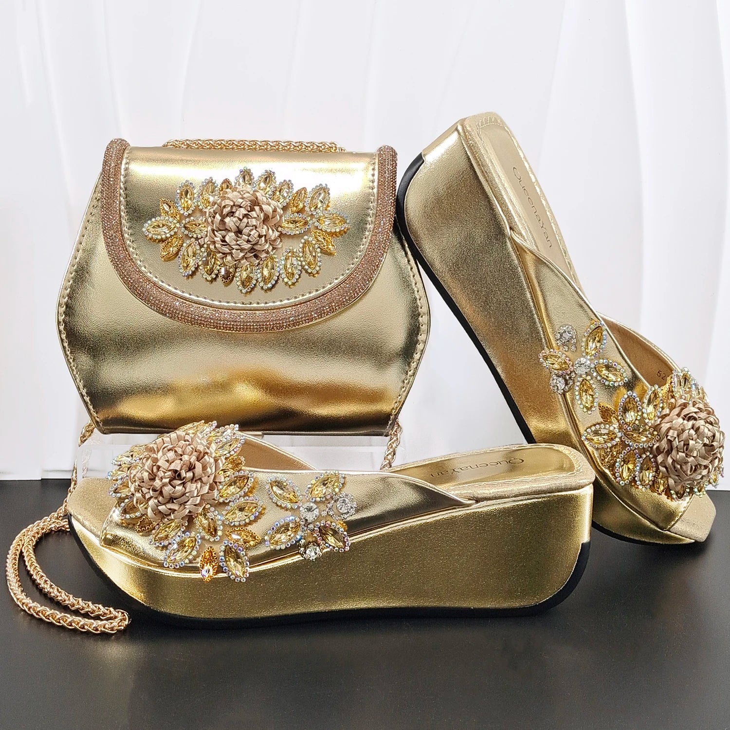 2026 Women's Elegant Green Wedge heel Shoe and Matching Bag Set with Rhinestone Accents – Stylish Square Toe Design for Parties