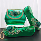 2026 Women's Elegant Green Wedge heel Shoe and Matching Bag Set with Rhinestone Accents – Stylish Square Toe Design for Parties