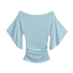 Korean style Women Summer Sexy Bat Sleeve Slash Neck Off Shoulder T-shirt Cinching Waist Solid Slim Top
