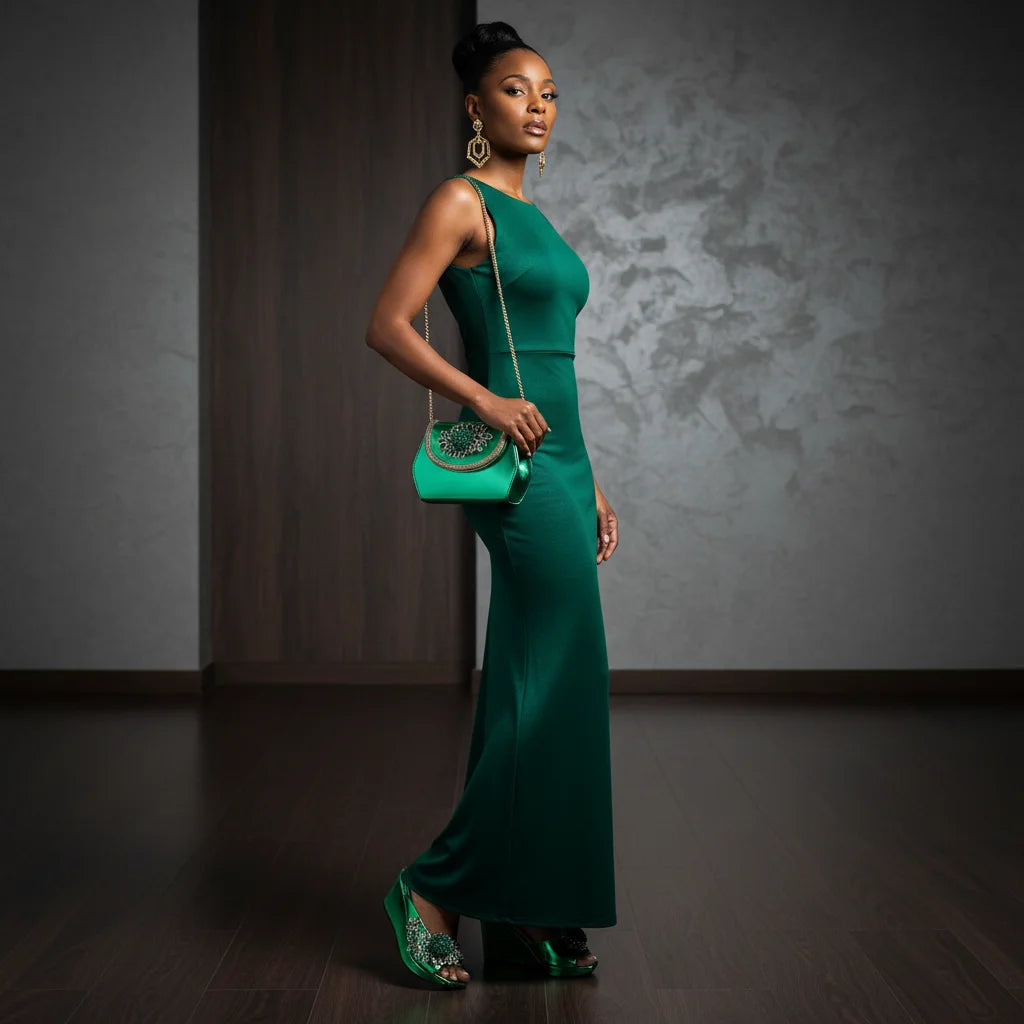 2026 Women's Elegant Green Wedge heel Shoe and Matching Bag Set with Rhinestone Accents – Stylish Square Toe Design for Parties