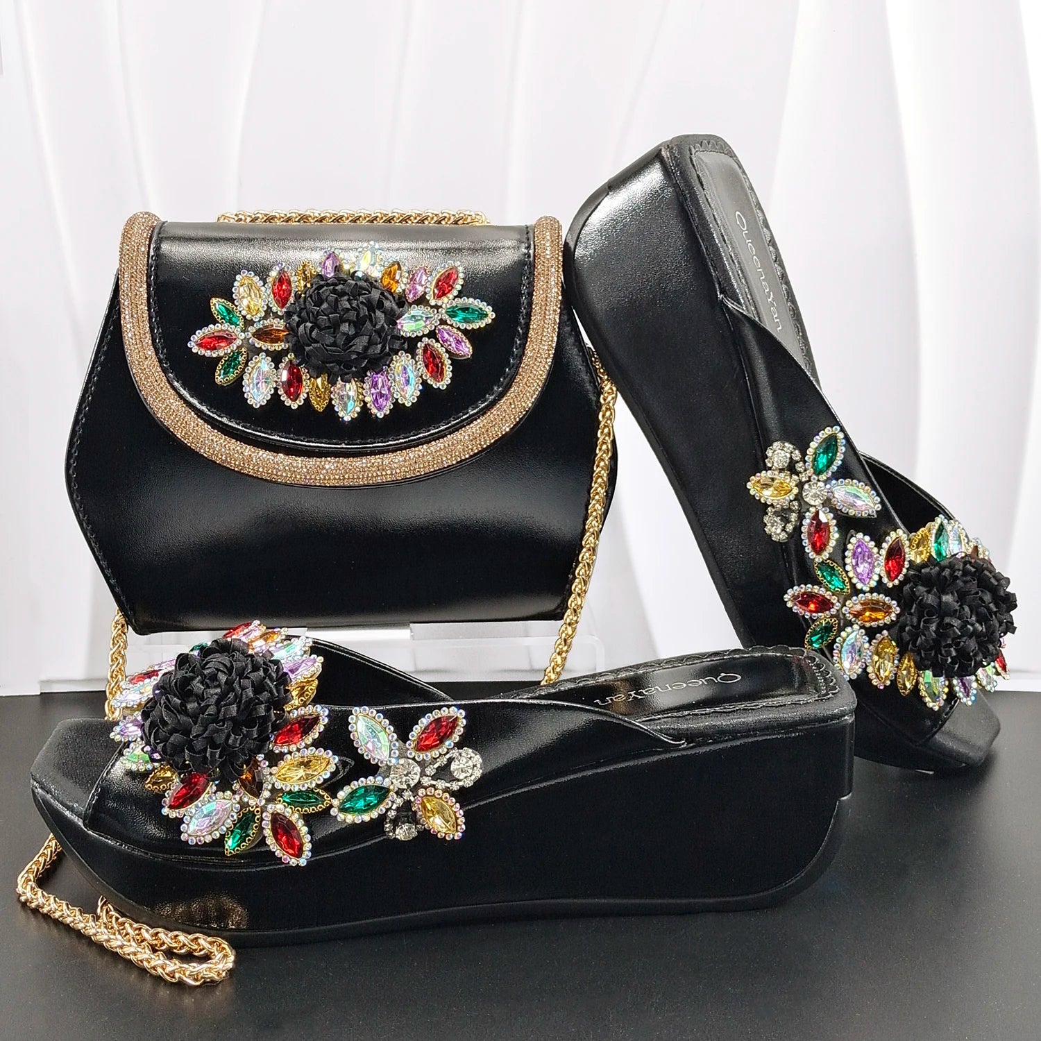 2026 Women's Elegant Green Wedge heel Shoe and Matching Bag Set with Rhinestone Accents – Stylish Square Toe Design for Parties
