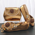 2026 Women's Elegant Green Wedge heel Shoe and Matching Bag Set with Rhinestone Accents – Stylish Square Toe Design for Parties