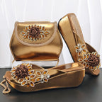 2026 Women's Elegant Green Wedge heel Shoe and Matching Bag Set with Rhinestone Accents – Stylish Square Toe Design for Parties