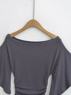 Korean style Women Summer Sexy Bat Sleeve Slash Neck Off Shoulder T-shirt Cinching Waist Solid Slim Top