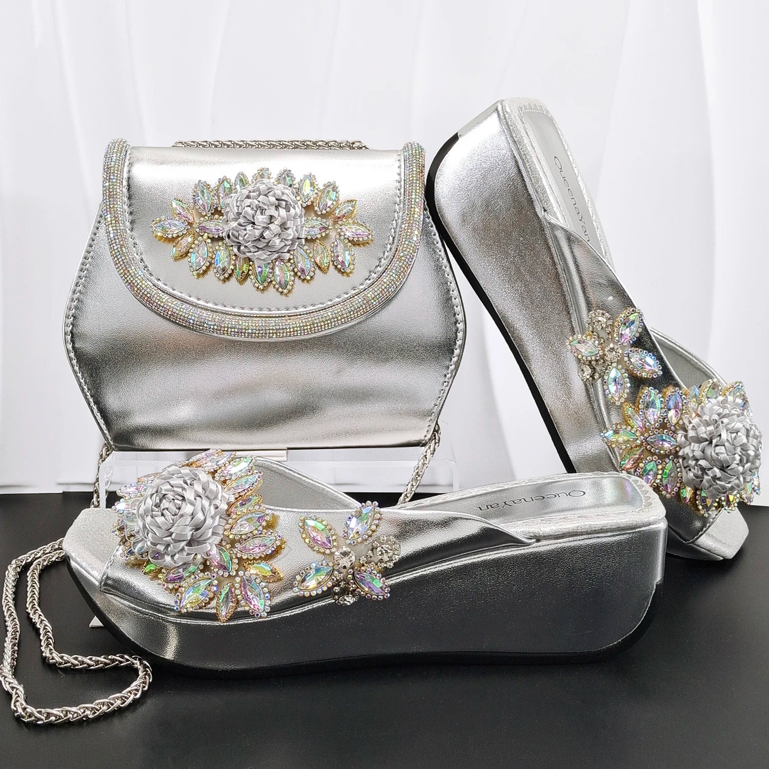 2026 Women's Elegant Green Wedge heel Shoe and Matching Bag Set with Rhinestone Accents – Stylish Square Toe Design for Parties
