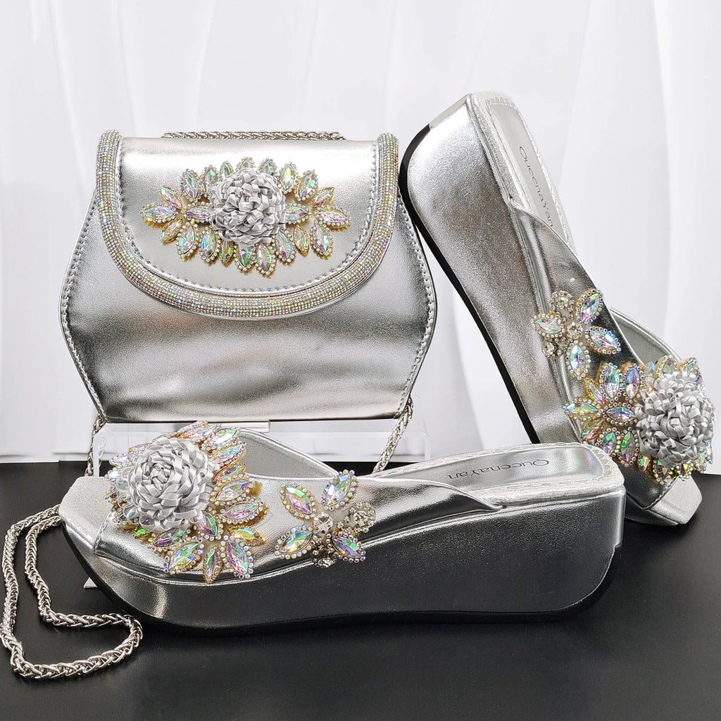 2026 Women's Elegant Green Wedge heel Shoe and Matching Bag Set with Rhinestone Accents – Stylish Square Toe Design for Parties