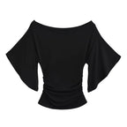 Korean style Women Summer Sexy Bat Sleeve Slash Neck Off Shoulder T-shirt Cinching Waist Solid Slim Top