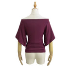 Korean style Women Summer Sexy Bat Sleeve Slash Neck Off Shoulder T-shirt Cinching Waist Solid Slim Top
