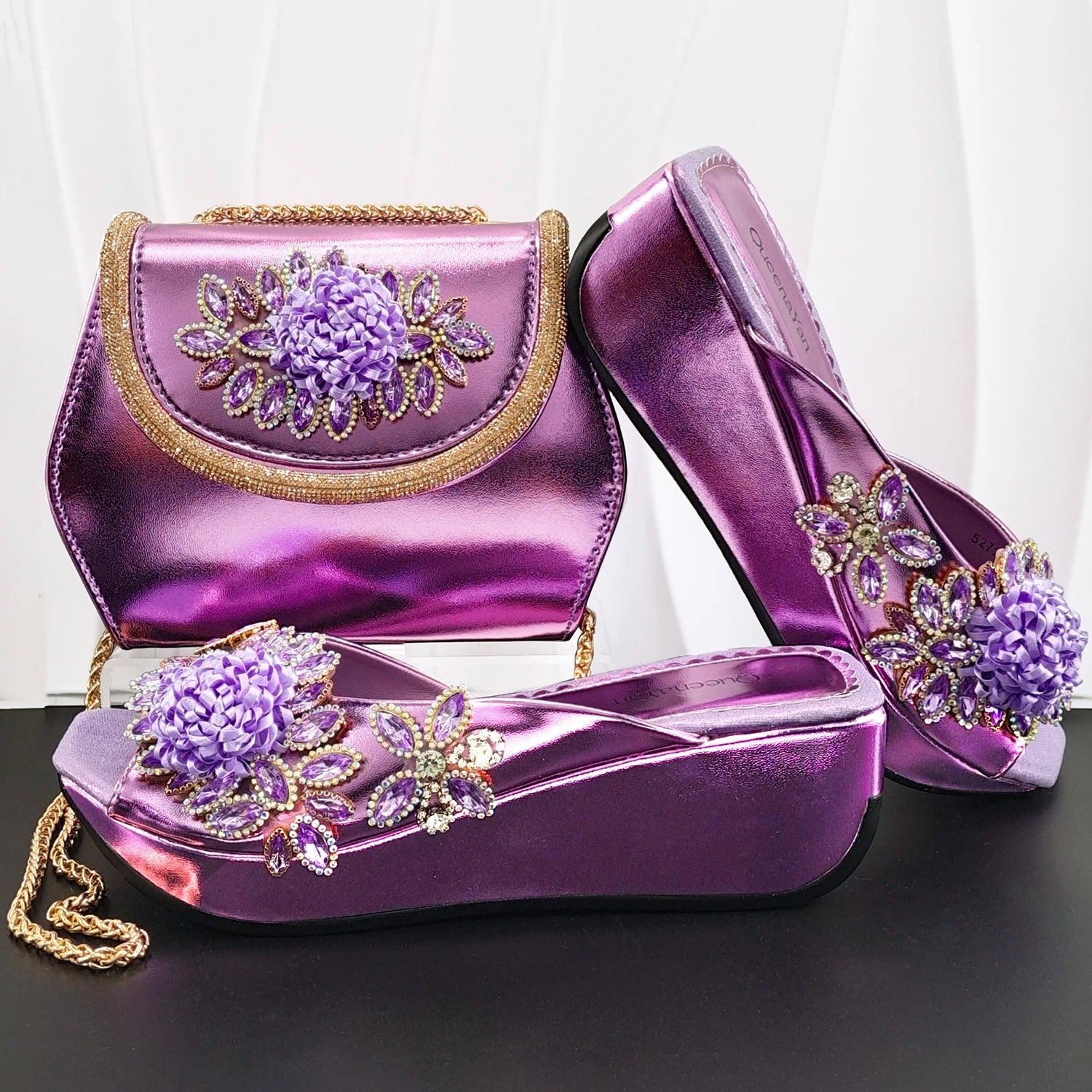 2026 Women's Elegant Green Wedge heel Shoe and Matching Bag Set with Rhinestone Accents – Stylish Square Toe Design for Parties